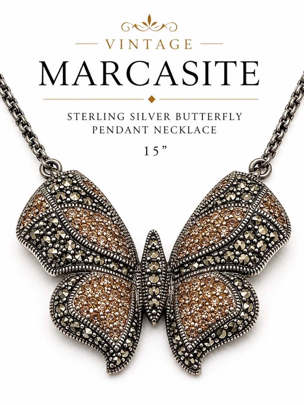 C546 Vintage Sterling Marcasite Butterfly Pendant Necklace 15”